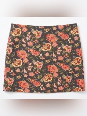 LOFT Black Floral Mini Skirt with Coral and Gold Flowers